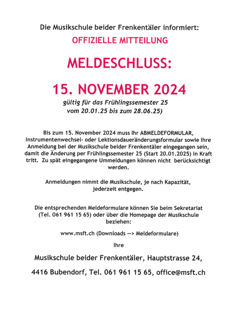 Musikschule beider Frenkentäler Meldeschluss Musikschule beider Frenkentäler Meldeschluss