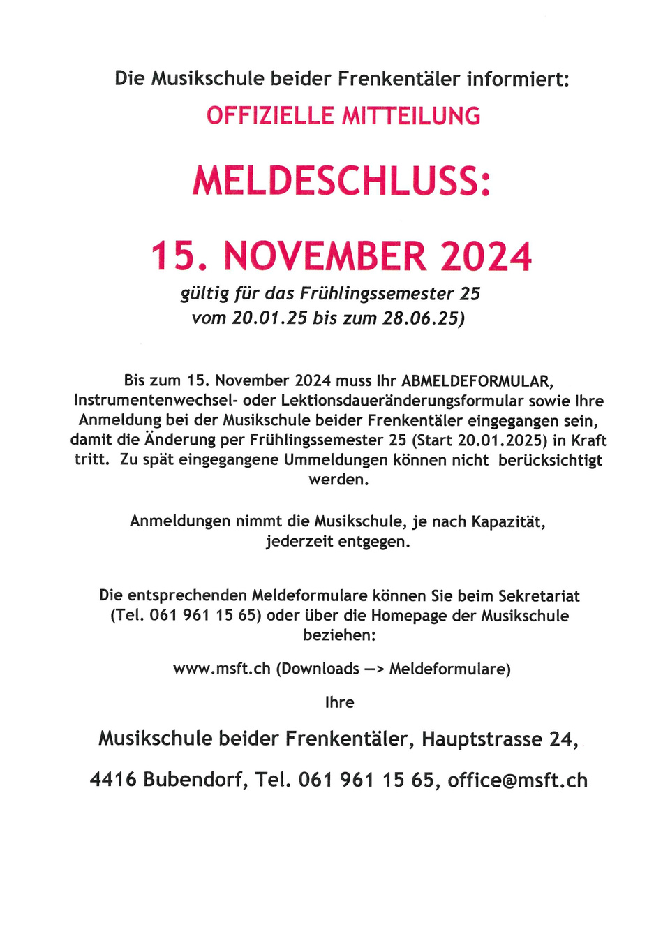 Musikschule beider Frenkentäler Meldeschluss Musikschule beider Frenkentäler Meldeschluss