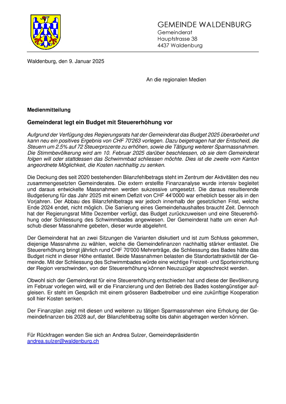Medienmitteilung Budget Waldenburg 2025 Medienmitteilung Budget Waldenburg 2025