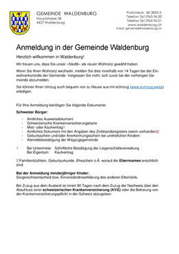 Anmeldung in der Gemeinde Waldenburg Infoblatt
