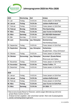 Jahresprogramm Seniorenverein 2025 Jahresprogramm 2025 bis März 2026