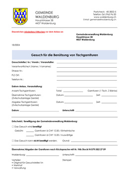 Gesuch für die Benützung der Tischgarnituren Gesuch für die Benutzung der Tischgarnituren